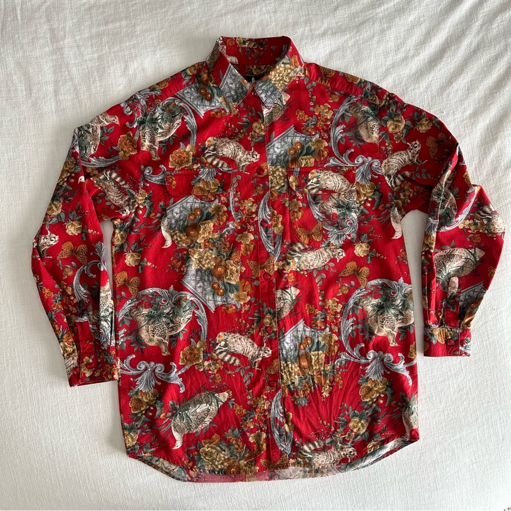 Vintage Baroque Raccoon Butterfly Partridge Blouse Hunt Club Medium - Picture 5 of 11